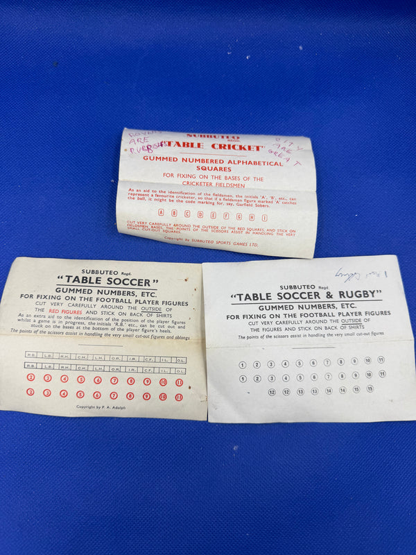 Subbuteo set Gummed Numbers Rugby/Calcio/Cricket